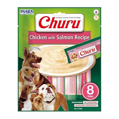 INABA Churu Püree Hundeleckerli - Köstlicher Hundesnacks in handlichen Portionen, Getreidefrei, Huhn & Lachs (8 Tuben) von INABA