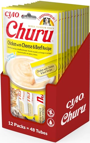 INABA Churu Püree Katzen-Leckerli - Katzenpaste zum Füttern aus der Hand - Katzensticks mit Huhn & Käse & Rindfleisch - 12 Packung / 48 Sticks von INABA