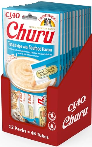 INABA Churu Püree Katzen-Leckerli - Katzenpaste zum Füttern aus der Hand - Katzensticks mit Thunfisch & Meeresfrüchte - 12 Packung / 48 Sticks von INABA