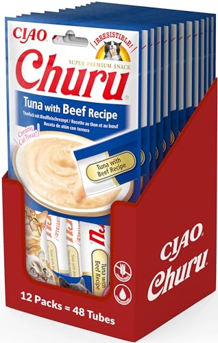 INABA Churu Puree Katzenleckerlis Creamy Snacks, Hochwertige Proteine mit Thunfisch & Rind 56 g (12er Pack), Katzensnacks in Premium Qualität von INABA