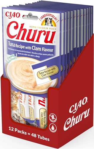 INABA Churu Püree Katzen-Leckerli - Katzenpaste zum Füttern aus der Hand - Katzensticks mit Thunfisch & Venusmuschel - 12 Packung / 48 Sticks von INABA