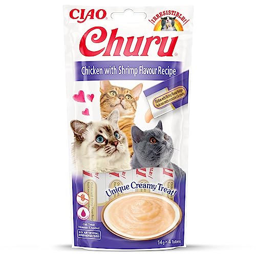 INABA Churu Puree Katzenleckerlis Creamy Snacks, Hochwertige Proteine mit Huhn & Garnelen 56 g (1er Pack), Katzensnacks in Premium Qualität von INABA