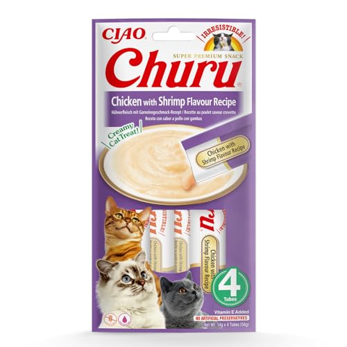 INABA Churu Püree Katzen-Leckerli - Katzenpaste zum Füttern aus der Hand - Köstliche Katzensnacks zum Schlecken - Katzensticks mit Hühnchen und Garnelen - 4 Tuben x 14g von INABA