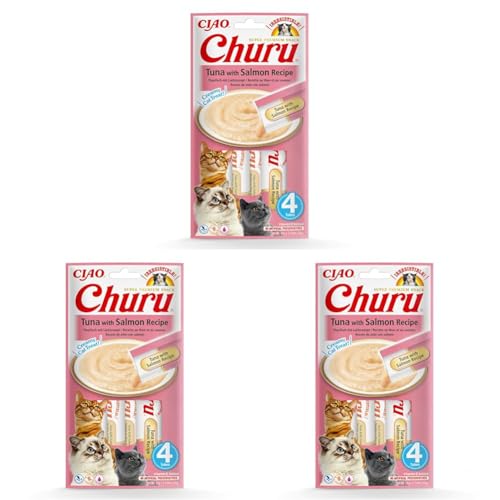 INABA Churu Püree Katzen-Leckerli - Katzenpaste zum Füttern aus der Hand - Köstliche Katzensnacks zum Schlecken - Katzensticks mit Thunfisch und Lachs - 1 Packung / 4 Sticks (Packung mit 3) von INABA