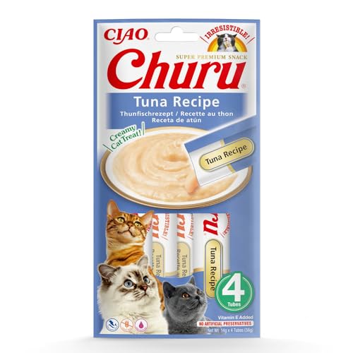 INABA Churu Püree - Katzen-Leckerli zum Füttern aus der Hand - Köstliche Katzensnacks zum Schlecken - Leckerchen in Handlichen Portionen mit Thunfisch - 1 Pack 4x14g Katzenfutter von INABA