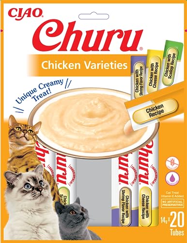 INABA Churu Püree Katzenleckerli Multipack - 5X Hühn, 5X Hühn & Jakobsmuscheln, 5X Hühn & Käse und 5X Hühn & Garnelen, 20 Tuben von INABA