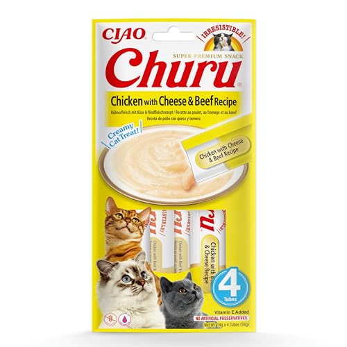 INABA Churu Püree Katzensnacks - Katzenpaste zum Füttern aus der Hand - Katzensticks mit Huhn & Käse & Rindfleisch - 4 Sticks x 14 g von INABA