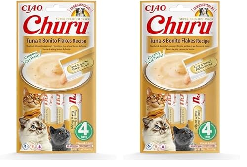 INABA Churu Püree Katzensnacks - Katzenpaste zum Füttern aus der Hand - Katzensticks mit Thunfisch & Bonitoflocken - 4 Sticks x 14 g (Packung mit 2) von INABA