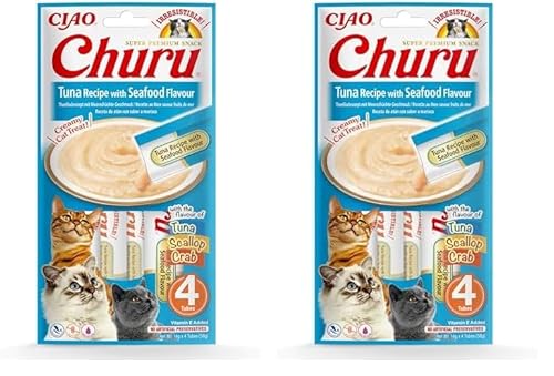 INABA Churu Püree Katzensnacks - Katzenpaste zum Füttern aus der Hand - Katzensticks mit Thunfisch & Meeresfrüchte - 4 Sticks x 14 g (Packung mit 2) von INABA