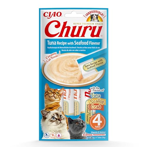 INABA Churu Püree Katzensnacks - Katzenpaste zum Füttern aus der Hand - Katzensticks mit Thunfisch & Meeresfrüchte - 4 Sticks x 14 g von INABA