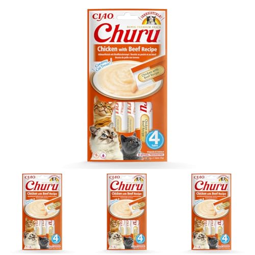 INABA Churu Püree Katzensnacks - Katzenpaste zum Füttern aus der Hand - Katzensticks mit Thunfisch & Rindfleisch - 4 Sticks x 14 g (Packung mit 4) von INABA