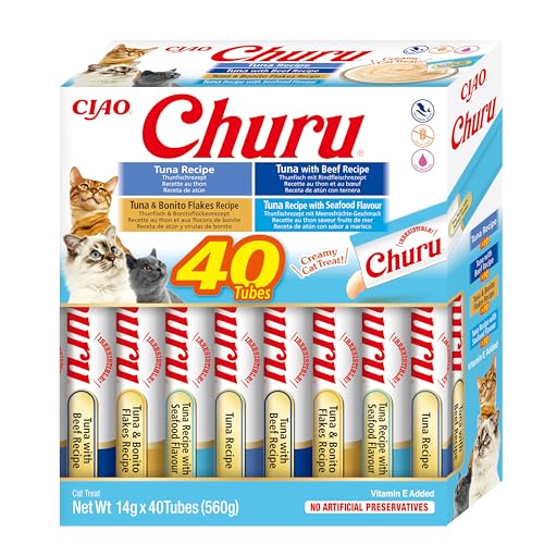 INABA Churu Katzenleckerlis Liquid Snack 88% Feuchtigkeit, Variety Box mit Thunfisch 40 x 14 g, Premium Katzensnacks aus Japan von INABA