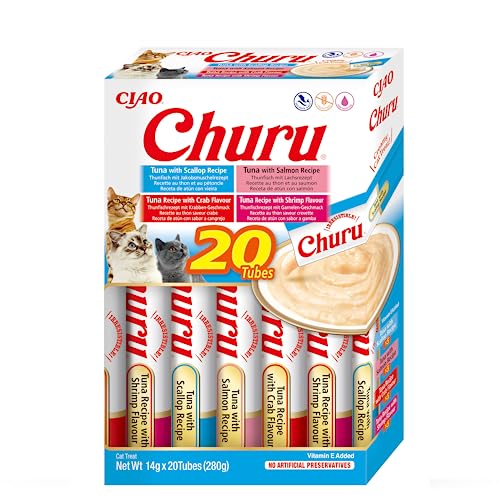 INABA Churu Katzenleckerlis Liquid Snack 88% Feuchtigkeit, Variety Box mit Thunfisch & Meeresfrüchte, Premium Katzensnacks aus Japan 20 x 14 g von INABA