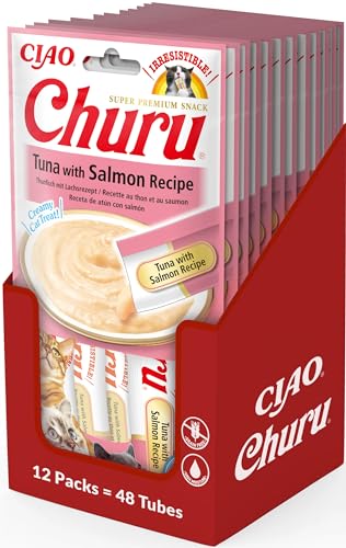 INABA Churu Puree Katzenleckerlis Creamy Snacks, Hochwertige Proteine mit Thunfisch & Lachs 56 g (12er Pack), Katzensnacks in Premium Qualität von INABA