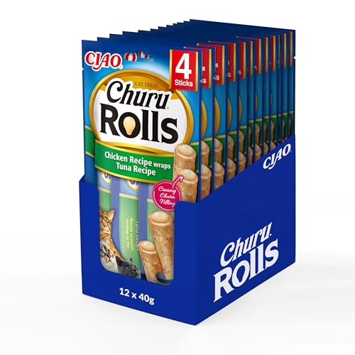 INABA Churu Rolls 88% Feuchtigkeit Gesunde Katzenleckerlis, Natürliche Zutaten mit Huhn & Thunfisch 40 g (12er Pack), Katzensnacks in Premium Qualität von INABA