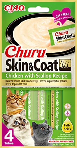 INABA Churu Skin & Coat - Pürierte Katzenleckerlis mit Huhn und Jakobsmuschel - Omega 3 & 6 und Taurin - Cremige Textur - Futter für Katzen, Haut & Fell - 48 Tuben x 14g von INABA