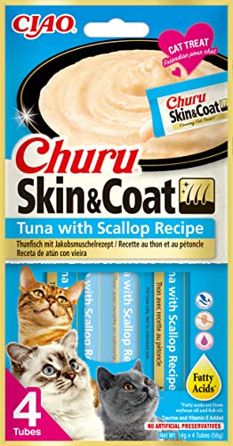 INABA Churu Skin & Coat - Pürierte Katzenleckerlis mit Thunfisch und Jakobsmuschel - Omega 3 & 6 und Taurin - Felinen Snacks, Cremige Textur - Futter für Katzen, Haut & Fell - 48 Tuben x 14g von INABA