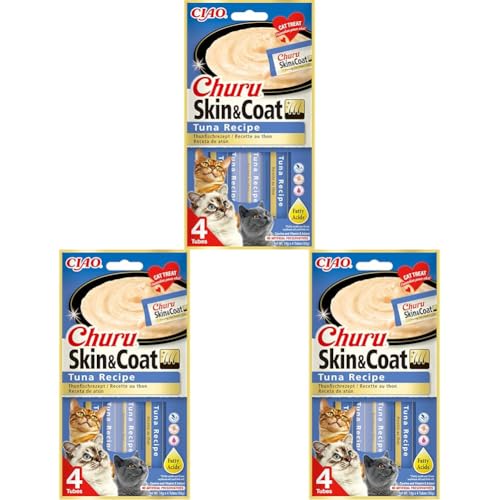 INABA Churu Skin & Coat - Thunfischpüree - Omega 3 & 6 und Taurin - Cremiger Textur - Katzenfutter für Haut & Fell - 4 Tuben x 14g (Packung mit 3) von INABA