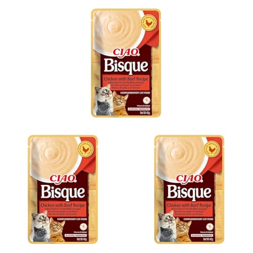 INABA Ciao Bisque - Cremige Suppe für Katzen, Huhn & Rindfleisch 1x40g, Katzenfutter nass ohne Getreide (Packung mit 3) von INABA