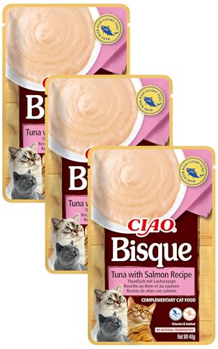 INABA Ciao Bisque - Cremige Suppe für Katzen, Thunfisch & Lachs 1x40g, Katzenfutter nass ohne Getreide (Packung mit 3) von INABA