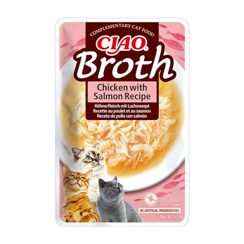 INABA Ciao Broth Katzensnacks 88% Feuchtigkeit und Vitamin E, Suppe Premium Katzenleckerlis mit Huhn & Lachs 40 g (1er Pack), Leckere Ergänzung für Nass- und Trockenfutter von INABA