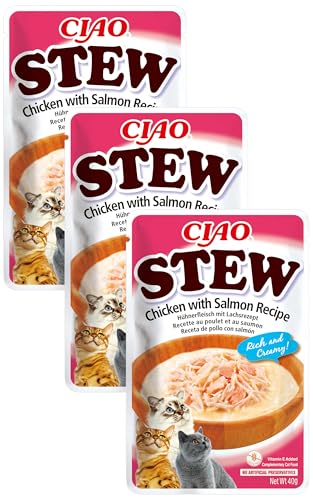 INABA Ciao Stew - Cremige Katzensuppe mit Shredded Hähnchen, Huhn & Lachs 1x40g, Katzenfutter nass ohne Getreide (Packung mit 3) von INABA