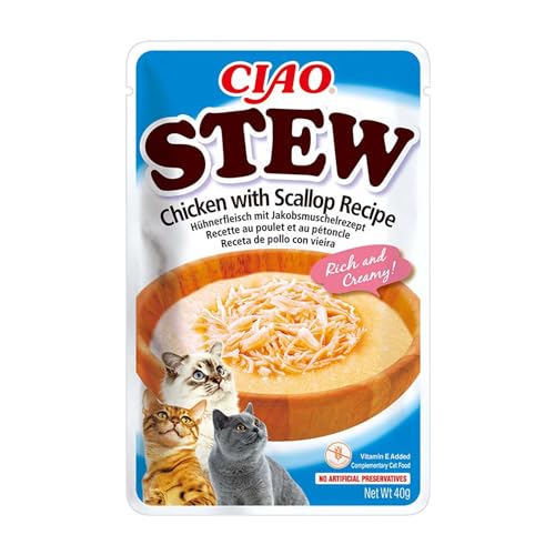 INABA Ciao Stew - Cremige Katzensuppe mit Shredded Hähnchen - Huhn & Jakobsmuscheln - Katzenfutter nass ohne Getreide - 1 x 40g (Packung mit 6) von INABA