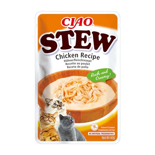 INABA Ciao Stew Katzensnacks 86% Feuchtigkeit und Vitamin E, Cremige Premium Katzenleckerlis mit Huhn 40 g (1er Pack), Leckere Ergänzung für Nass- und Trockenfutter von INABA