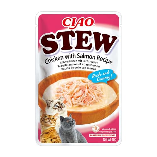 INABA Ciao Stew Katzensnacks 86% Feuchtigkeit und Vitamin E, Cremige Premium Katzenleckerlis mit Huhn & Lachs 40 g (1er Pack), Leckere Ergänzung für Nass- und Trockenfutter von INABA