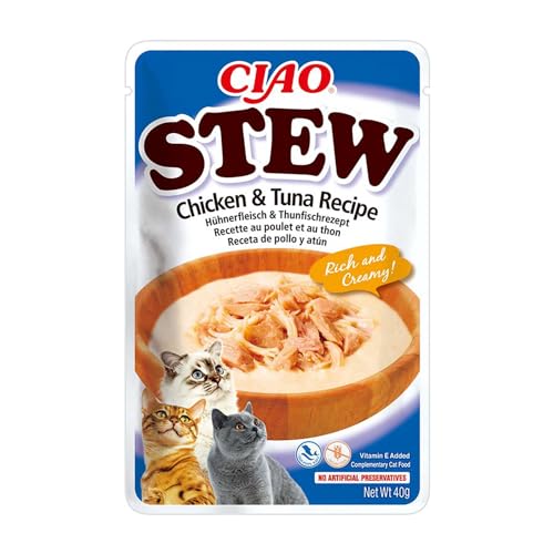 INABA Ciao Stew Katzensnacks 86% Feuchtigkeit und Vitamin E, Cremige Premium Katzenleckerlis mit Huhn & Thunfisch 40 g (1er Pack), Leckere Ergänzung für Nass- und Trockenfutter von INABA