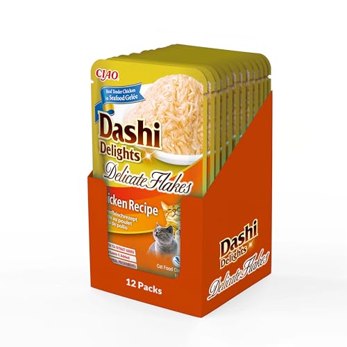 INABA Dashi Delights Delicate Flakes Katzenfutter nass, Huhn 40 g (12er Pack), Premium Katzen Leckerlies in Sauce von INABA