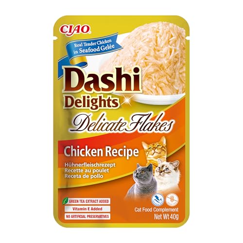 INABA Dashi Delights Delicate Flakes Katzenfutter nass, Huhn 40 g (1er Pack), Premium Katzen Leckerlies in Sauce von INABA