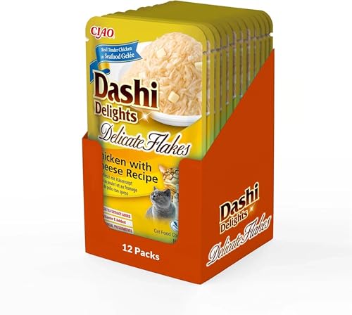 INABA Dashi Delights Delicate Flakes Katzenfutter nass, Huhn mit Käse 40 g (12er Pack), Premium Katzen Leckerlies in Sauce von INABA