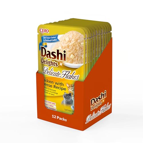 INABA Dashi Delights Delicate Flakes Katzenfutter nass, Huhn mit Käse 40 g (12er Pack), Premium Katzen Leckerlies in Sauce von INABA