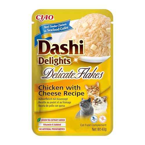 INABA Dashi Delights Delicate Flakes Katzenfutter nass, Huhn mit Käse 40 g (1er Pack), Premium Katzen Leckerlies in Sauce von INABA