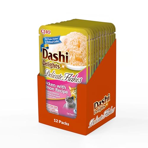 INABA Dashi Delights Delicate Flakes Katzenfutter nass, Huhn mit Lachs 40 g (12er Pack), Premium Katzen Leckerlies in Sauce von INABA