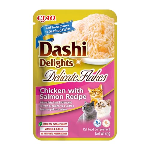 INABA Dashi Delights Delicate Flakes Katzenfutter nass, Huhn mit Lachs 40 g (1er Pack), Premium Katzen Leckerlies in Sauce von INABA