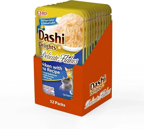 INABA Dashi Delights Delicate Flakes Katzenfutter nass, Huhn mit Thunfisch 40 g (12er Pack), Premium Katzen Leckerlies in Sauce von INABA