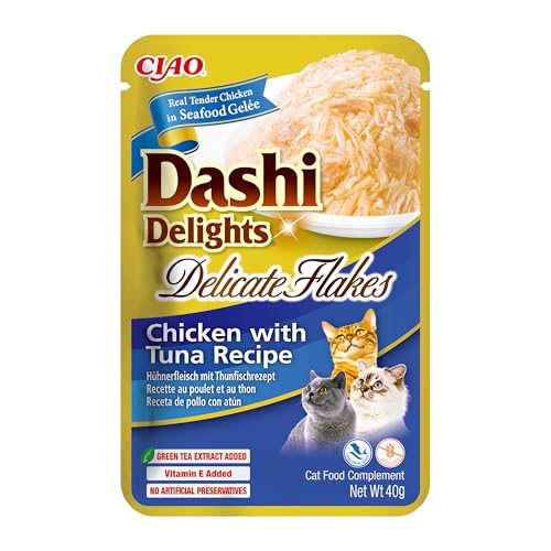 INABA Dashi Delights Delicate Flakes Katzenfutter nass, Huhn mit Thunfisch 40 g (1er Pack), Premium Katzen Leckerlies in Sauce von INABA