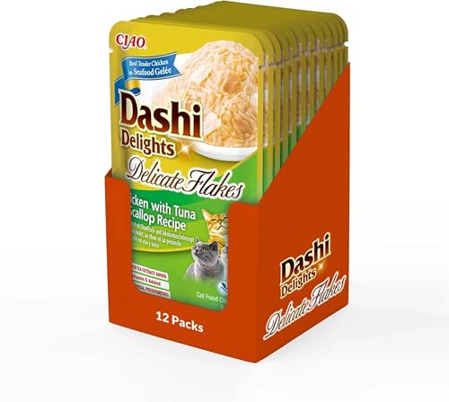 INABA Dashi Delights Delicate Flakes Katzenfutter nass, Huhn mit Thunfisch und Jakobsmuschel 40 g (12er Pack), Premium Katzen Leckerlies in Sauce von INABA