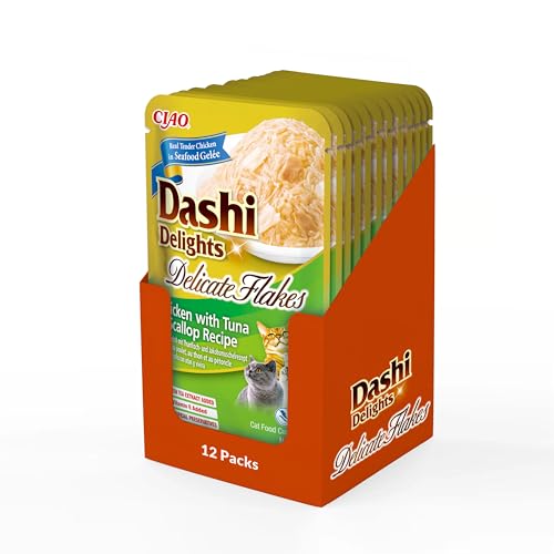 INABA Dashi Delights Delicate Flakes Katzenfutter nass, Huhn mit Thunfisch und Jakobsmuschel 40 g (12er Pack), Premium Katzen Leckerlies in Sauce von INABA