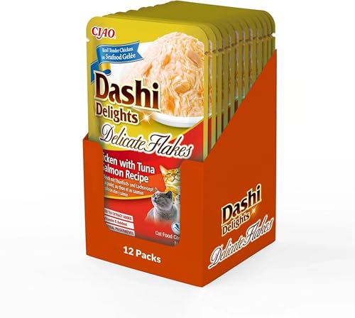 INABA Dashi Delights Delicate Flakes Katzenfutter nass, Huhn mit Thunfisch und Lachs 40 g (12er Pack), Premium Katzen Leckerlies in Sauce von INABA