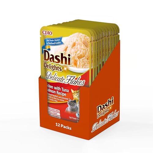 INABA Dashi Delights Delicate Flakes Katzenfutter nass, Huhn mit Thunfisch und Lachs 40 g (12er Pack), Premium Katzen Leckerlies in Sauce von INABA