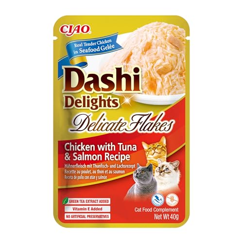 INABA Dashi Delights Delicate Flakes Katzenfutter nass, Huhn mit Thunfisch und Lachs 40 g (1er Pack), Premium Katzen Leckerlies in Sauce von INABA