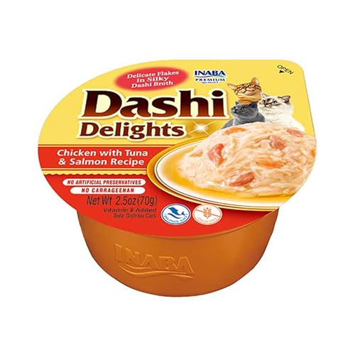 INABA Dashi Delights Katzenfutter nass, Huhn mit Thunfisch & Lachs 70 g (1er Pack), Hochwertiges Katzen Leckerlies in Sauce von INABA