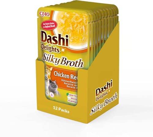 INABA Dashi Delights Silky Broth Katzenfutter nass, Huhn 40 g (12er Pack), Premium Katzen Leckerlies in Sauce von INABA