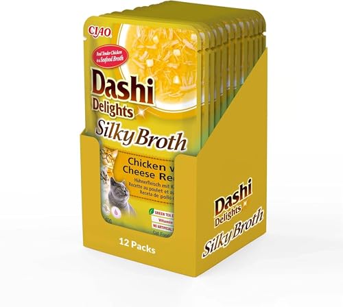 INABA Dashi Delights Silky Broth Katzenfutter nass, Huhn mit Käse 40 g (12er Pack), Premium Katzen Leckerlies in Sauce von INABA