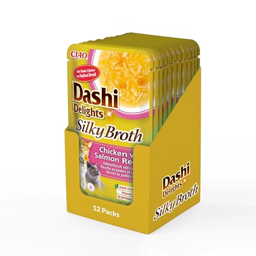 INABA Dashi Delights Silky Broth Katzenfutter nass, Huhn mit Lachs 40 g (12er Pack), Premium Katzen Leckerlies in Sauce von INABA