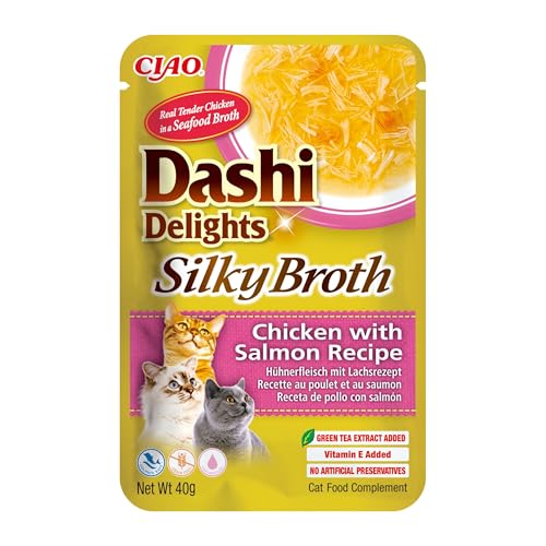 INABA Dashi Delights Silky Broth Katzenfutter nass, Huhn mit Lachs 40 g (1er Pack), Premium Katzen Leckerlies in Sauce von INABA