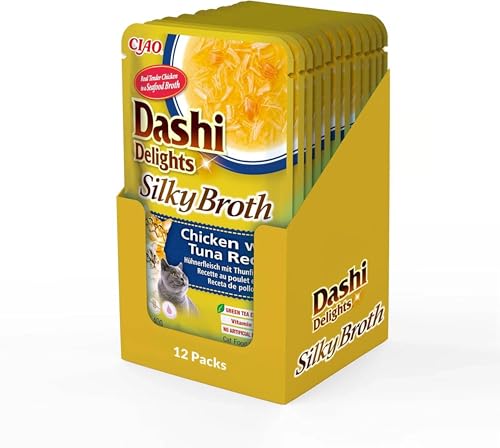 INABA Dashi Delights Silky Broth Katzenfutter nass, Huhn mit Thunfisch 40 g (12er Pack), Premium Katzen Leckerlies in Sauce von INABA